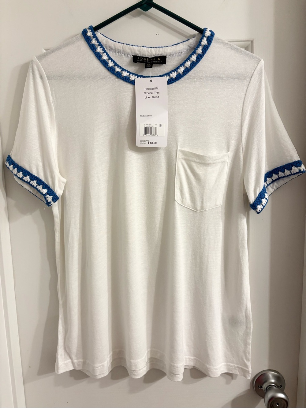 Coastal Grandma Joseph A Linen Blend Crochet Trim Pocket Tee White Blue NWT Med